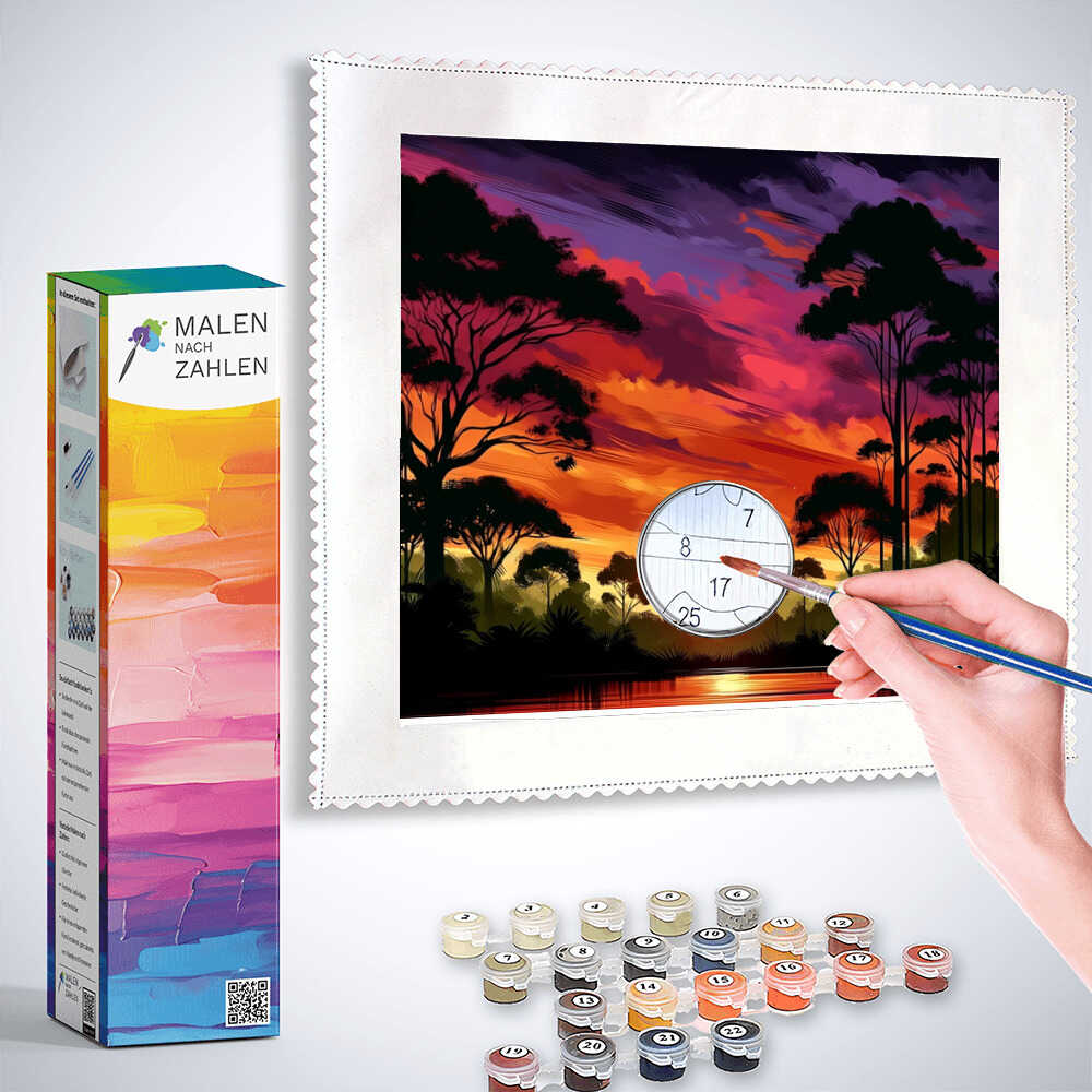 Malen nach Zahlen - Abendglühen im Geheimen Wald Kit shown with painting, color palette, and paintbrush in use