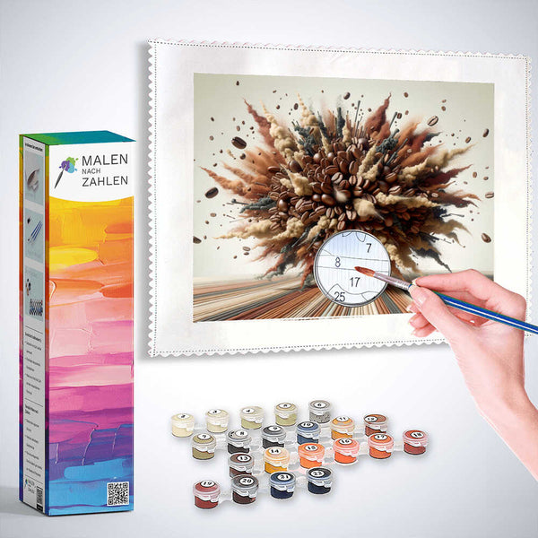 Malen nach Zahlen - Kaffeekosmos, Erwachen der Sinne Kunstwerk mit Farbpalette und Pinsel