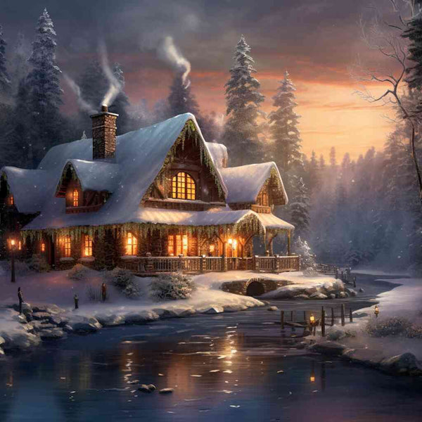 Malen nach Zahlen - Blockhaus im Winter bei Abenddämmerung, verschneite Landschaft, gefrorener Fluss, romantische Gemütlichkeit