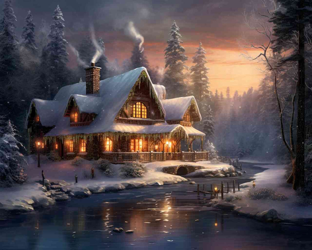 Malen nach Zahlen - Blockhaus im Winter bei Abenddämmerung, verschneite Landschaft, gefrorener Fluss, romantische Gemütlichkeit