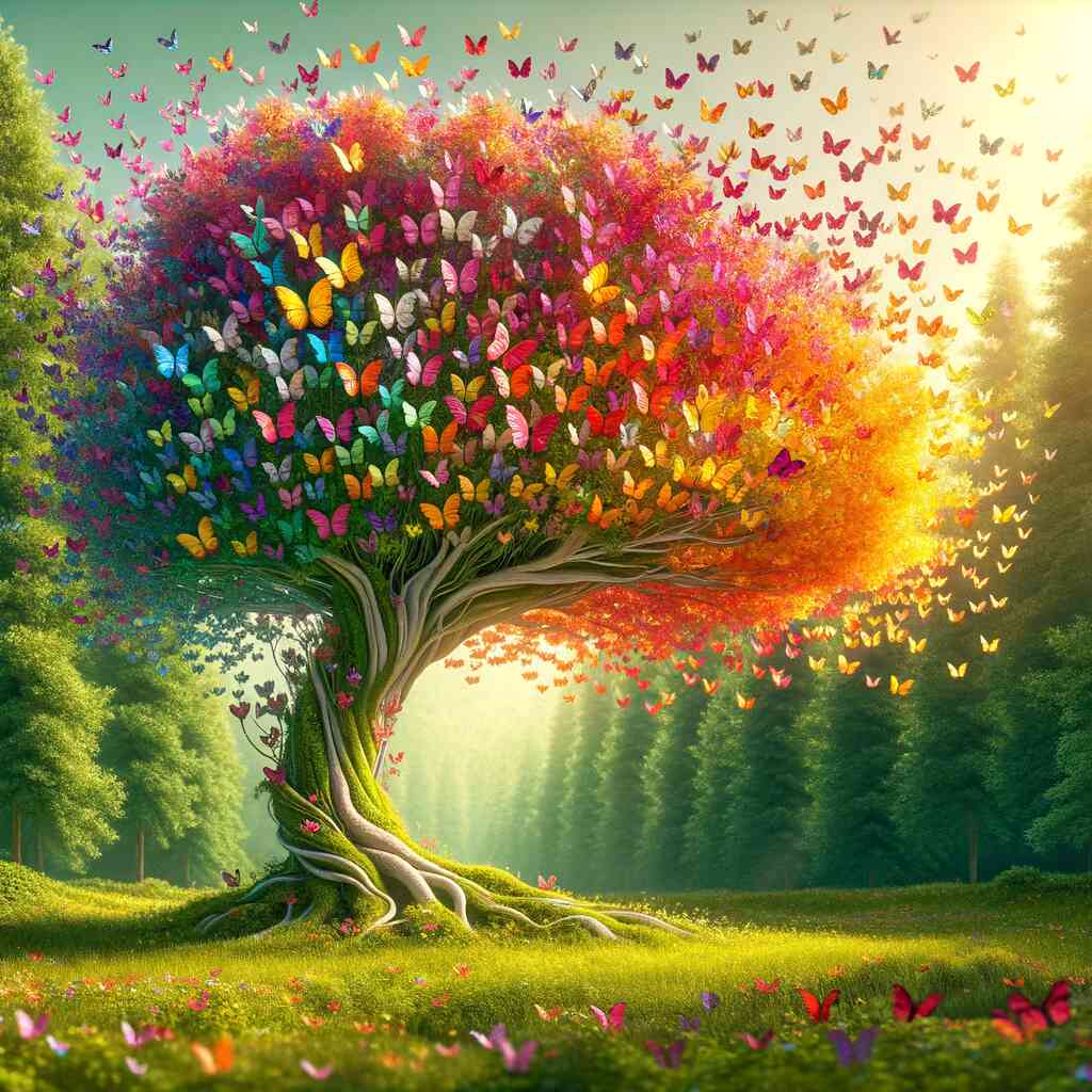 A vibrant tree with colorful butterflies in a serene forest setting, representing the Malen nach Zahlen Schmetterlingsbaum der Liebe painting product.