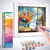 Painting by numbers kit with a vibrant window view of paradise, featuring a hand painting and colorful paint pots.