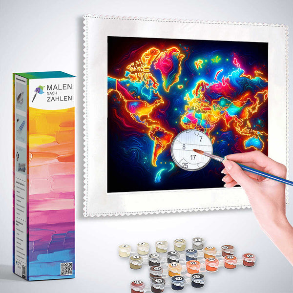Malen nach Zahlen Leuchtende Weltenkarte Set, entspannendes Malen mit farbenfrohem Weltkartenmotiv und nummerierten Farben