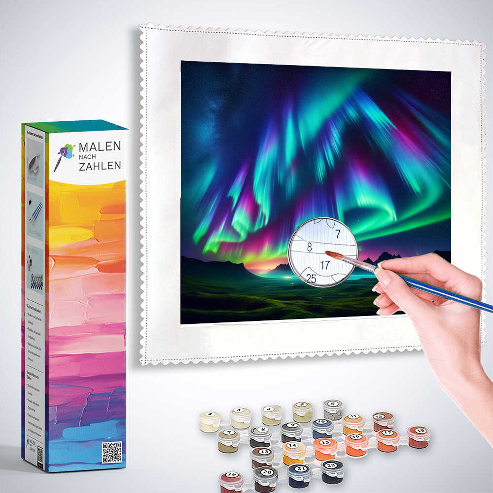 Painting by numbers kit featuring a dreamlike Northern Lights landscape with colorful paints and brushes.