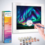 Painting by numbers kit featuring a dreamlike Northern Lights landscape with colorful paints and brushes.