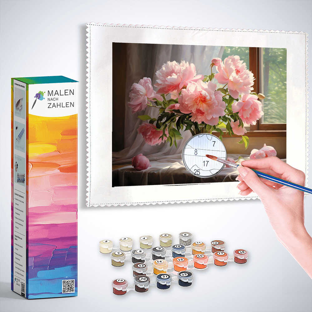 Painting by numbers kit with morning light and peonies, featuring a hand holding a brush, painting delicate flowers in a glass vase.