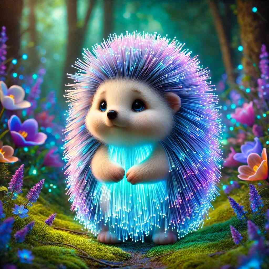 Cute hedgehog with glowing quills in a magical, colorful forest.