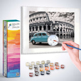 Malen nach Zahlen Set, Rom Kolosseum mit türkisfarbenem Oldtimer, Vergangenheit trifft auf Moderne