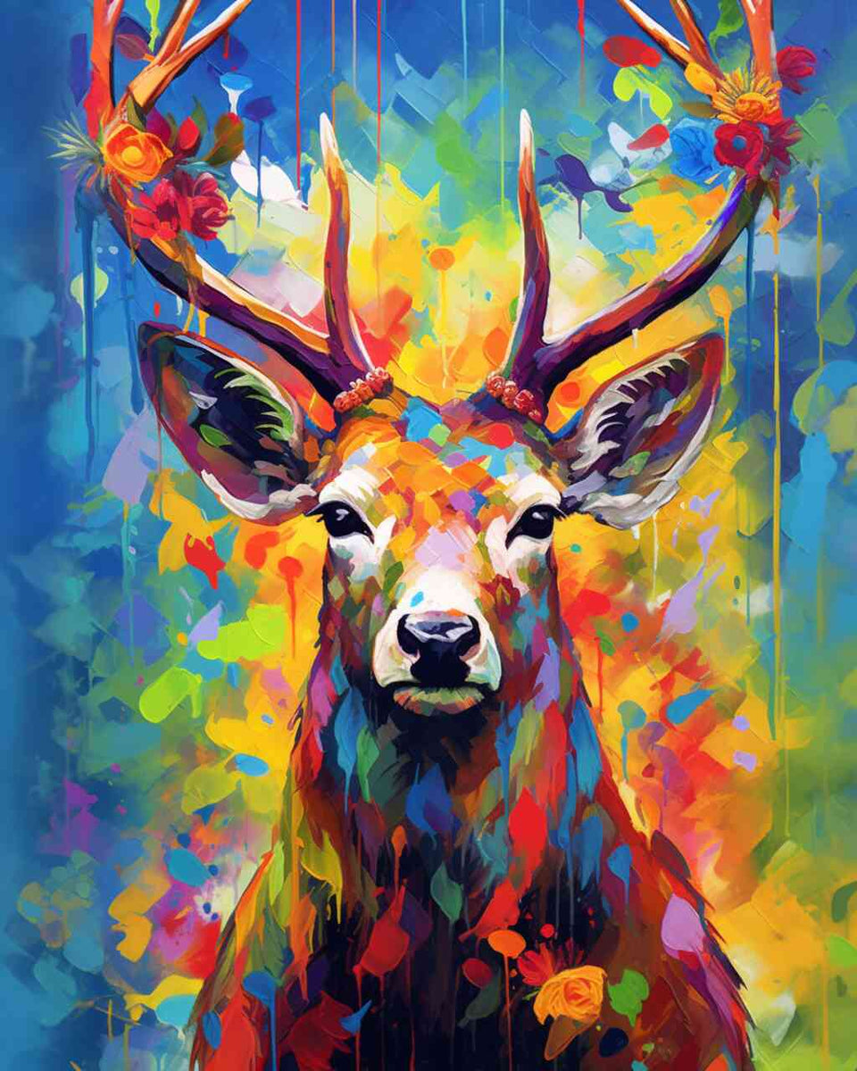 Farbe Hirsch Malen nach Zahlen - Farbenpracht des Waldes, abstrakte Kunst mit blau, gelb und rot, modernes expressionistisches Kunstwerk.