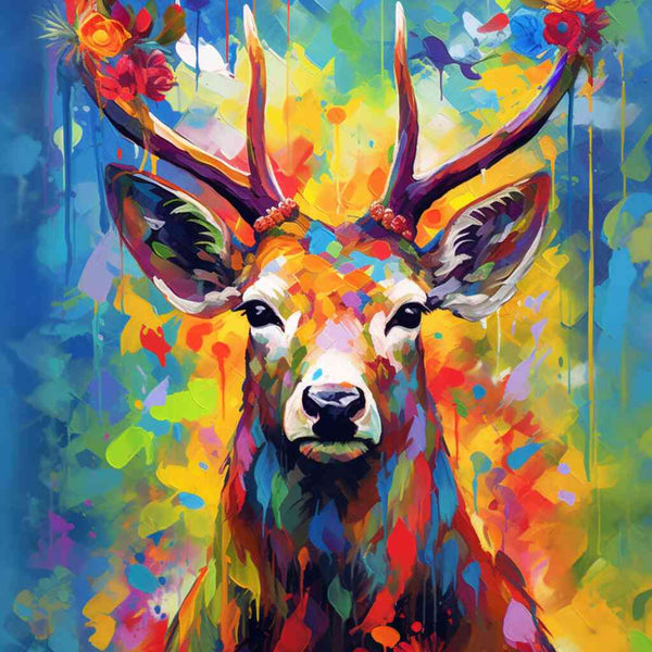 Farbe Hirsch Malen nach Zahlen - Farbenpracht des Waldes, abstrakte Kunst mit blau, gelb und rot, modernes expressionistisches Kunstwerk.