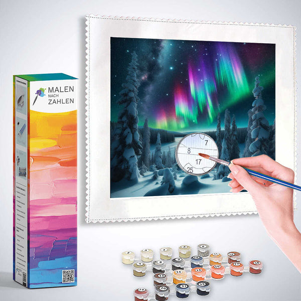 Paint by Numbers kit for Northern Lights in Secret Forest, showing a hand painting an outlined canvas with colorful paints and brush