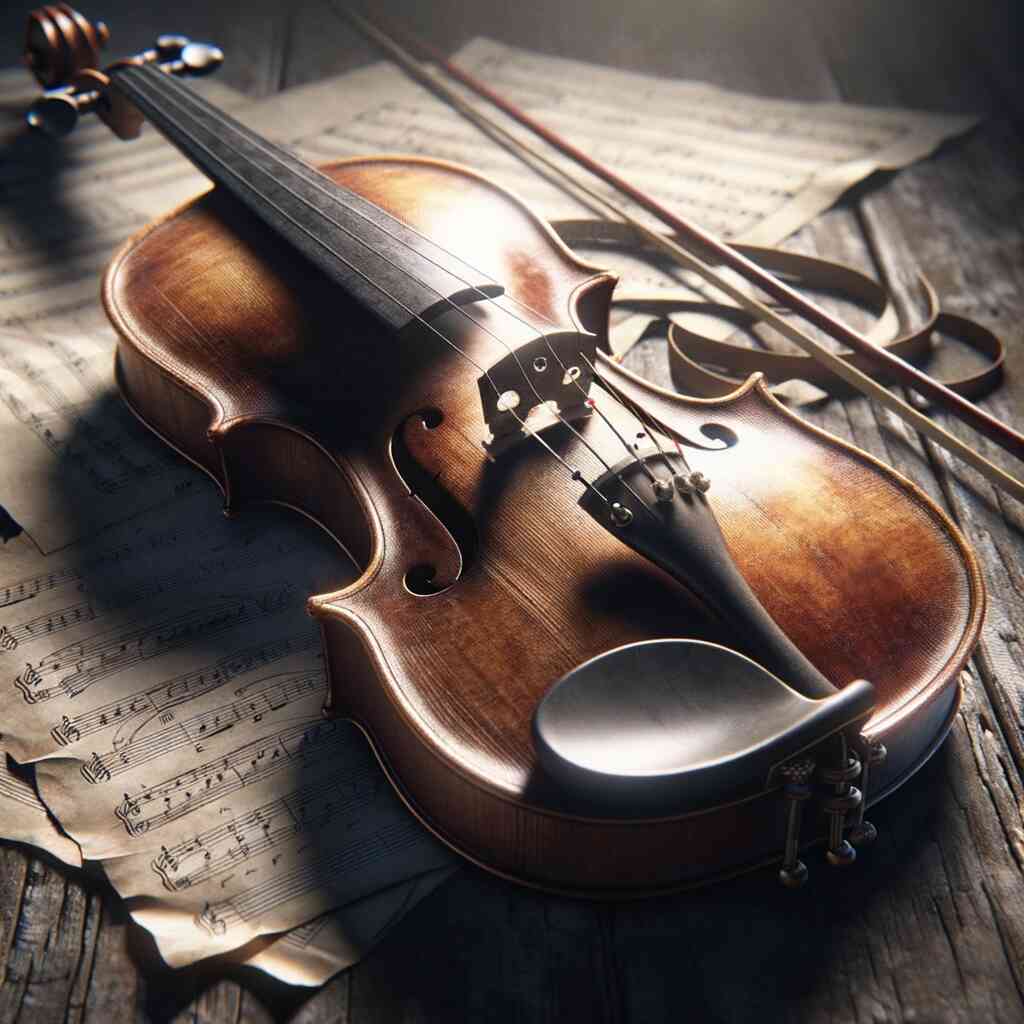 Violin resting on sheet music, illuminated by morning light, showcasing serene and artistic vibes for painting by numbers enthusiasts.