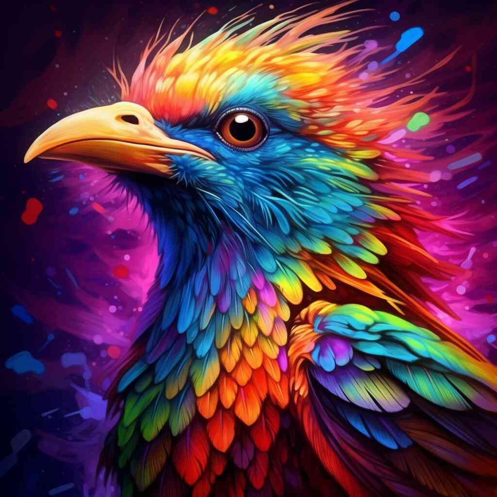 Colorful phoenix painting in "Malen nach Zahlen - Phönix der Farbenpracht" with vibrant and detailed feathers in a rainbow of colors.