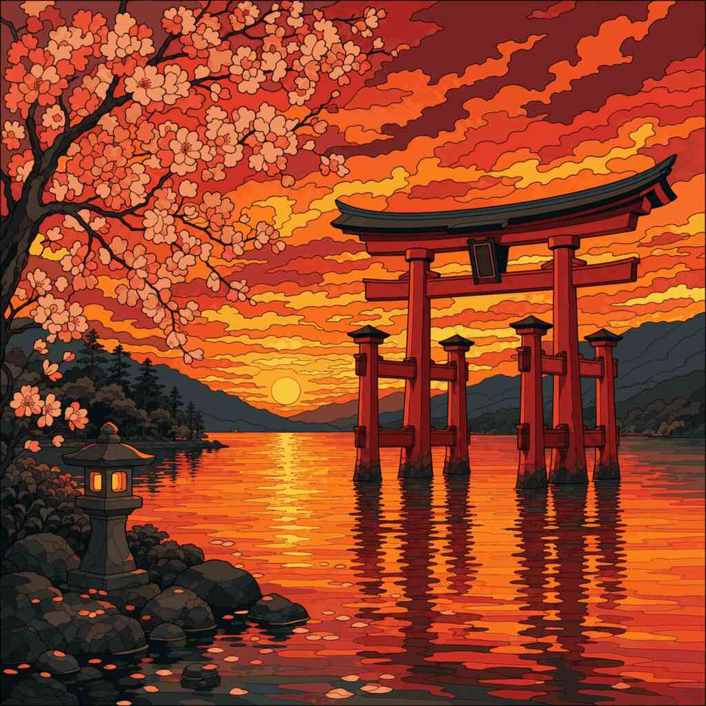 Malen nach Zahlen - Torii im Abendrot