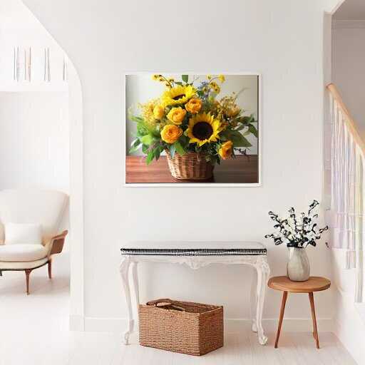 Wandbild Malen nach Zahlen "Sonnentanz im Korb" mit Sonnenblumen und bunten Blüten in einem Wohnzimmer über einem weißen Tisch arrangiert.