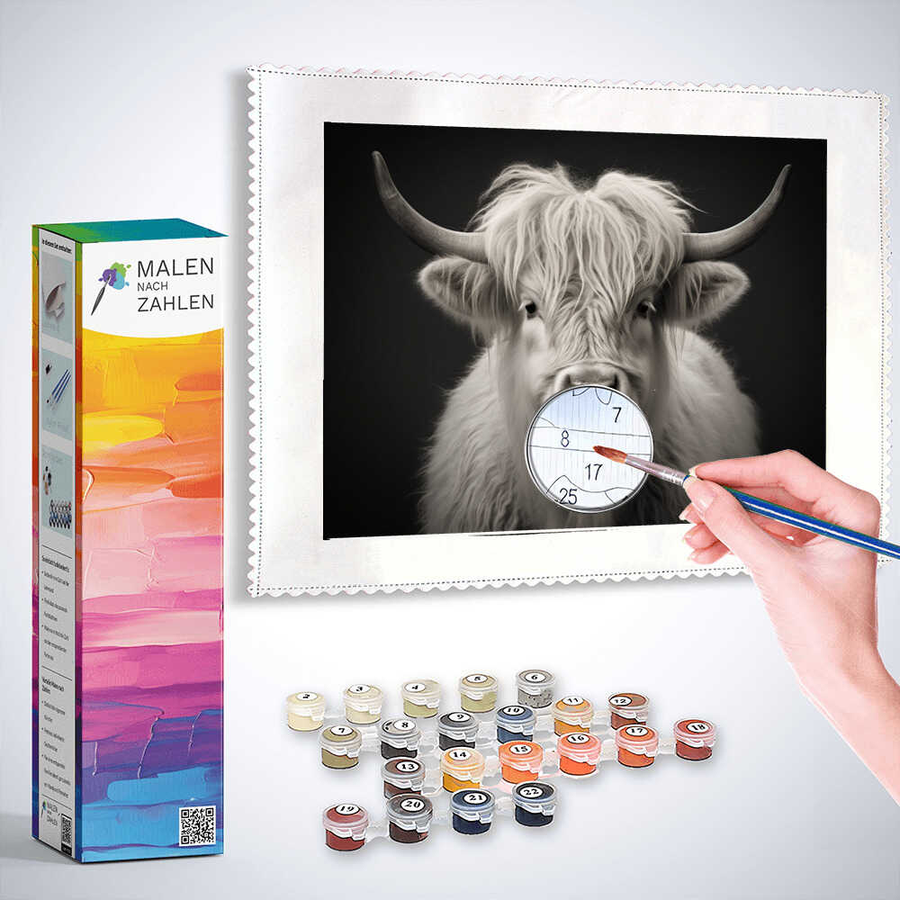 Malen nach Zahlen Kit mit Hochlandrind in monochromer Eleganz, inklusive Farben und Pinsel, fördert beruhigende Kreativität.