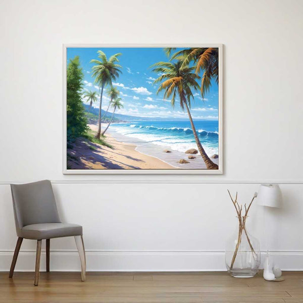 Malen nach Zahlen Bild von einem tropischen Strand mit Palmen, sanften Wellen und lebhaften Blautönen, inspiriert von mediterraner Landschaft.