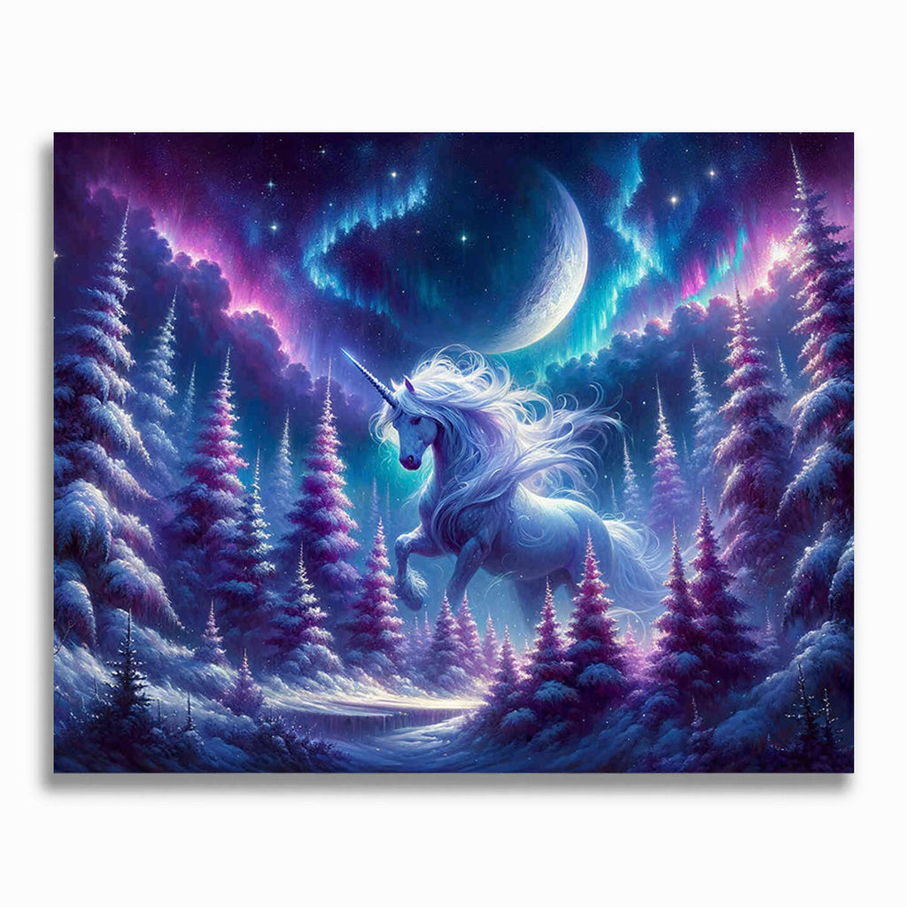 Einhorn im Schnee, Nacht – Malen nach Zahlen