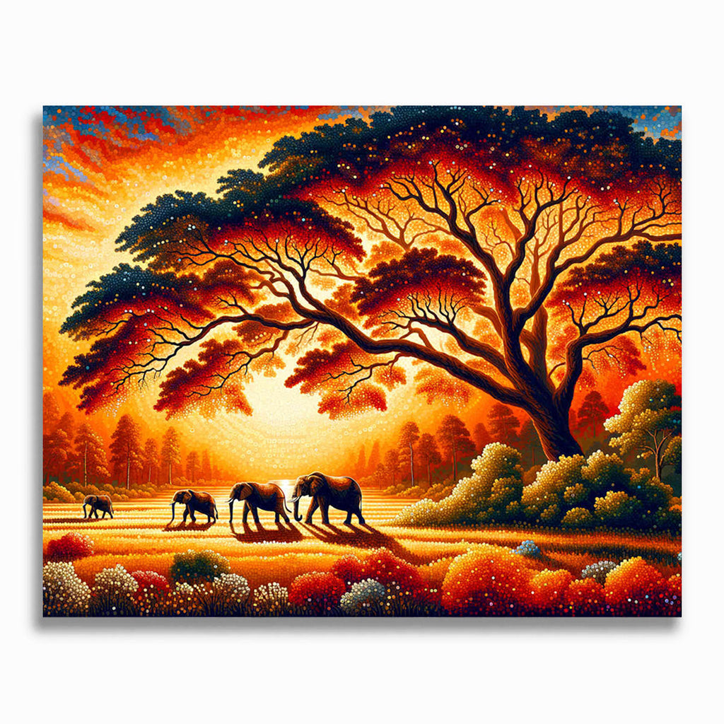 Elefanten im Sonnenuntergang – Malen nach Zahlen