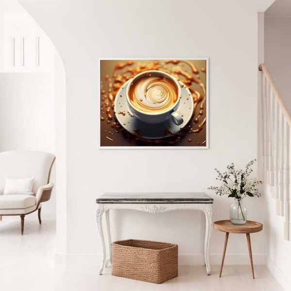 Gemälde eines wirbelnden Kaffees in einem weißen Raum über einem stilvollen Tisch