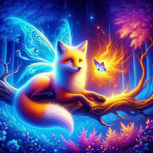 Ein Fabelwesen, halb Fuchs halb Schmetterling, ruht auf einem leuchtenden Ast in einem mystischen blau-violetten Zauberwald.