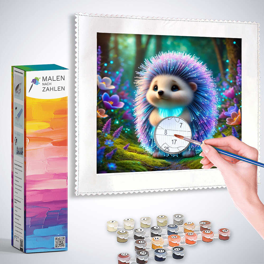 Painting by numbers kit - Magisches Leuchten with a magical hedgehog illustration, paint supplies, and box on displayed.