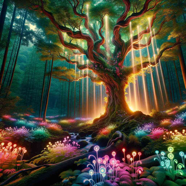 Mystical forest illuminated by glowing flowers and vibrant colors surrounding a large, enchanted tree.