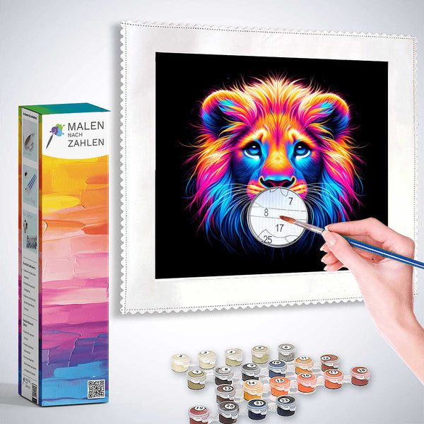 Painting by numbers kit for neon lion portrait titled "Malen nach Zahlen - Neon Majestät" with included paints and brushes.