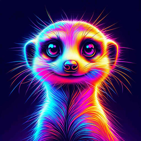 Neon-colored meerkat illustration with vibrant, colorful lighting against a dark background.