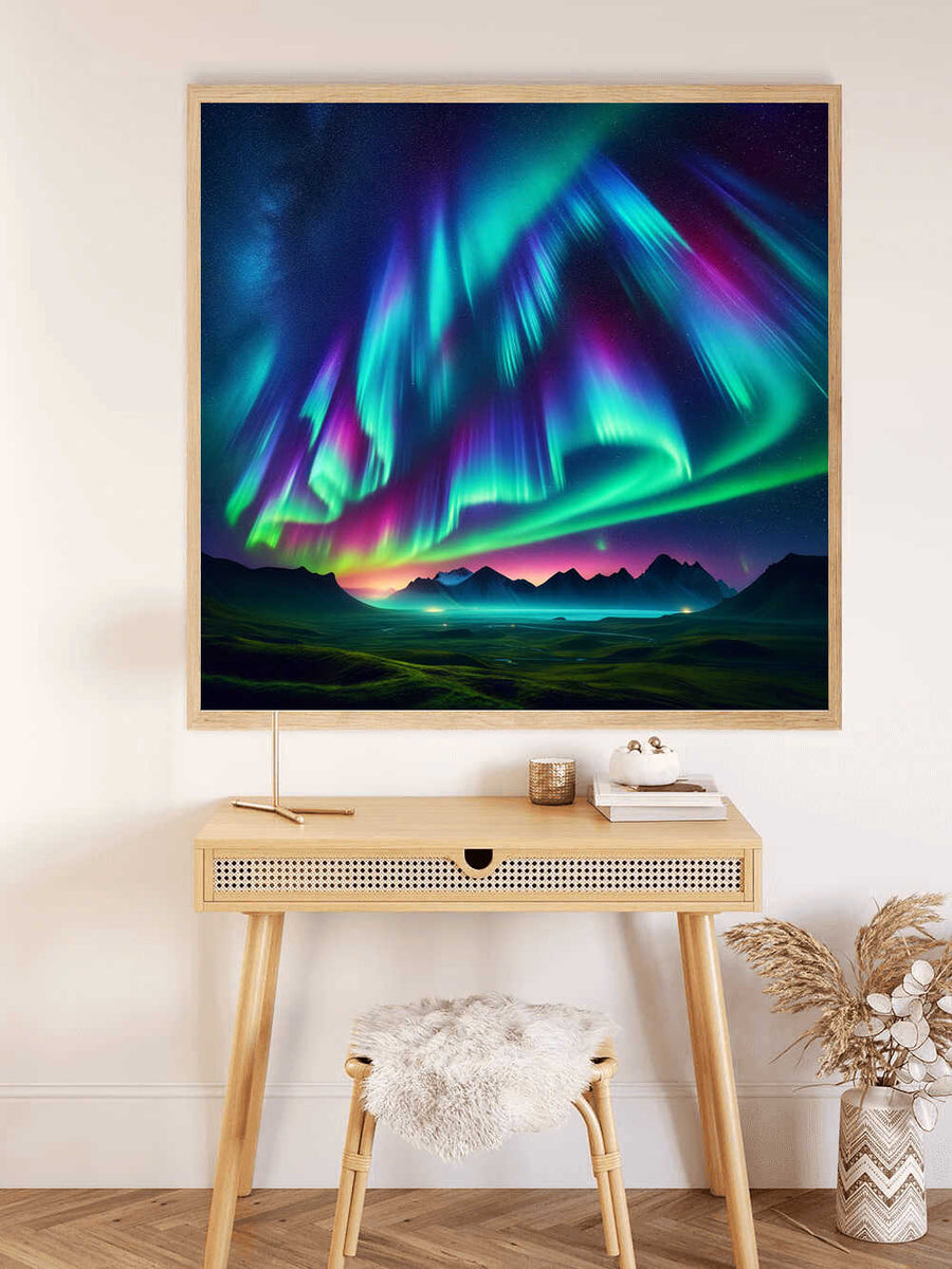 Malen nach Zahlen Nordlichter Traumlandschaft auf Leinwand über einem Holztisch mit Deko zusehen