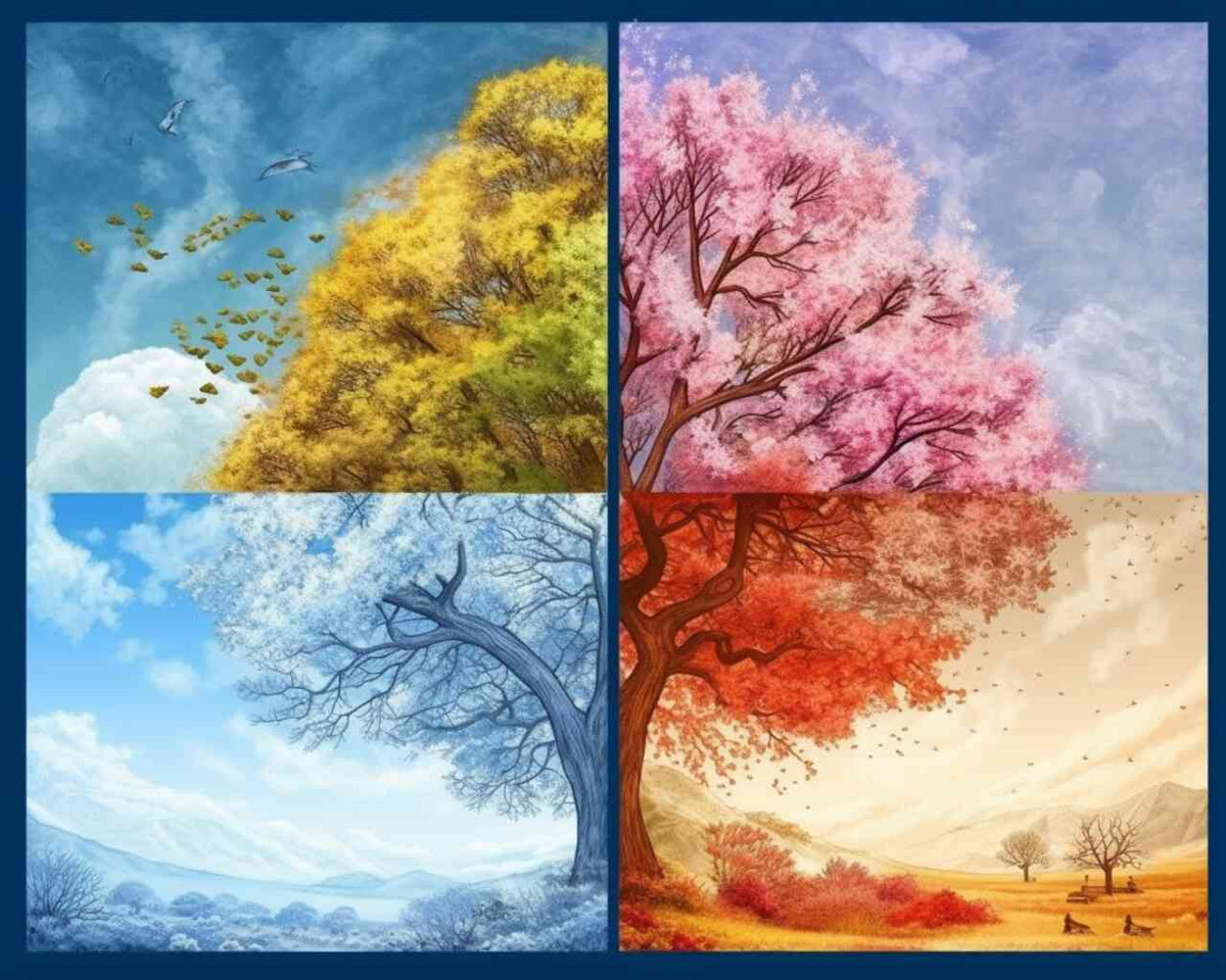 Kunstwerk "Jahreszeiten der Sehnsucht" zeigt Frühling, Sommer, Herbst und Winter mit lebhaften Farben und kontrastreichen Details