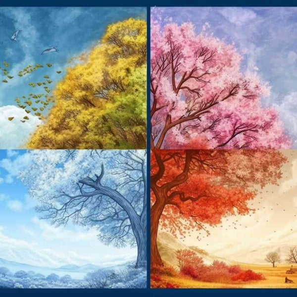 Kunstwerk "Jahreszeiten der Sehnsucht" zeigt Frühling, Sommer, Herbst und Winter mit lebhaften Farben und kontrastreichen Details