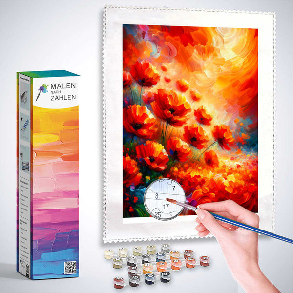 Mohnblumen, Hintergrund Orange – Malen nach Zahlen