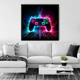 Modern living room with a neon gaming controller wall art above a white sofa.