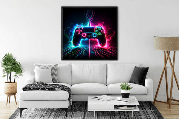 Modern living room with a neon gaming controller wall art above a white sofa.