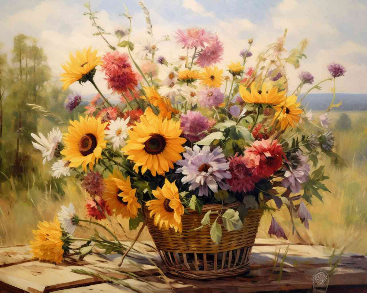 Impressionist flower basket painting with sunflowers, daisies, and asters in warm yellow, red, violet, and white tones, under summer light.