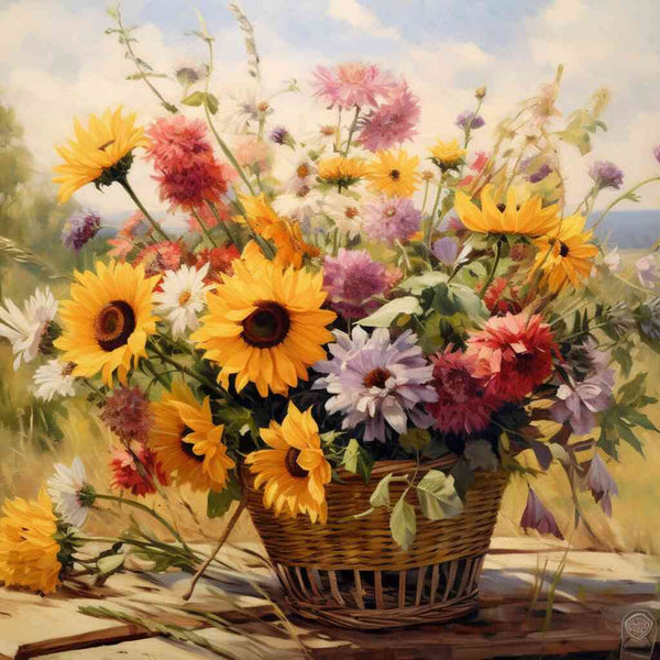 Impressionist flower basket painting with sunflowers, daisies, and asters in warm yellow, red, violet, and white tones, under summer light.