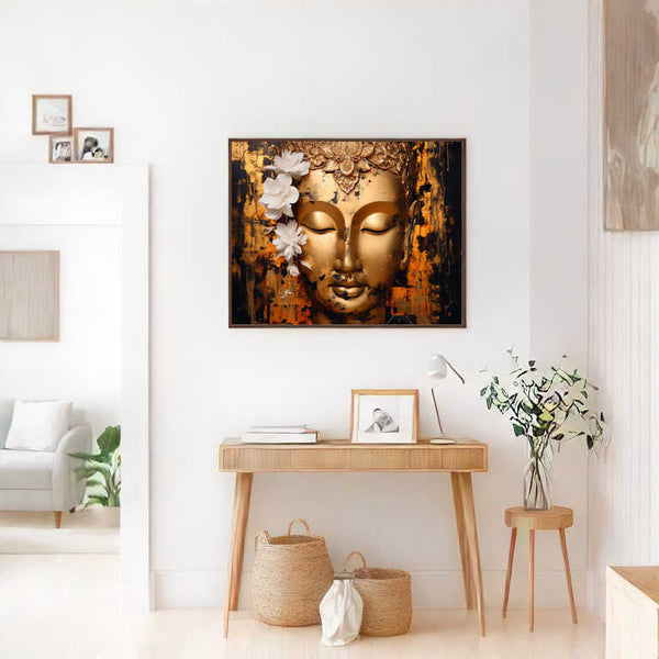 Raum mit Wandkunst "Erleuchtung im Farbspiel", ein Buddha-Porträt mit goldenen und orangefarbenen Akzenten für eine kontemplative Atmosphäre.