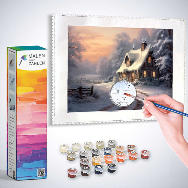 Malen nach Zahlen Set - Winterliches Geheimnis, verschneites Landhaus mit warmem Licht, winterlicher Abendhimmel und Malutensilien im Bild