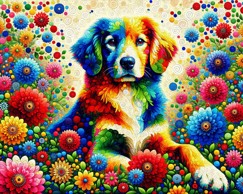 Hund, Blumen – Malen nach Zahlen