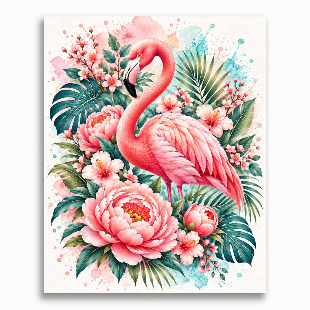 Malen nach Zahlen - Flamingozauber im Blütenmeer