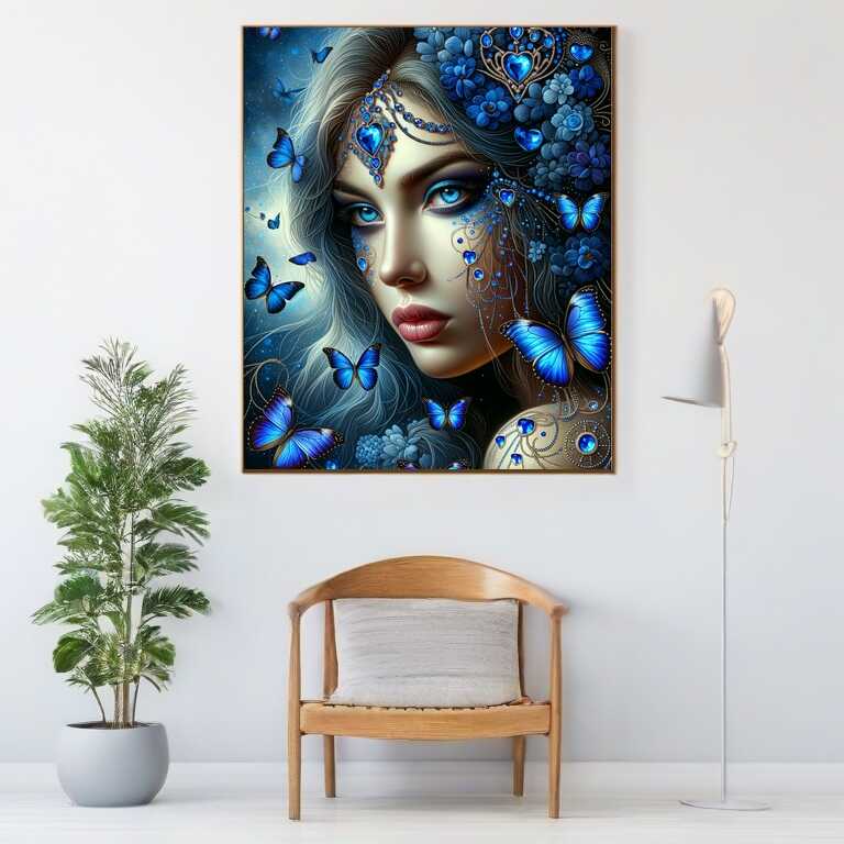 Malen nach Zahlen - Frau, blaue Schmetterlinge