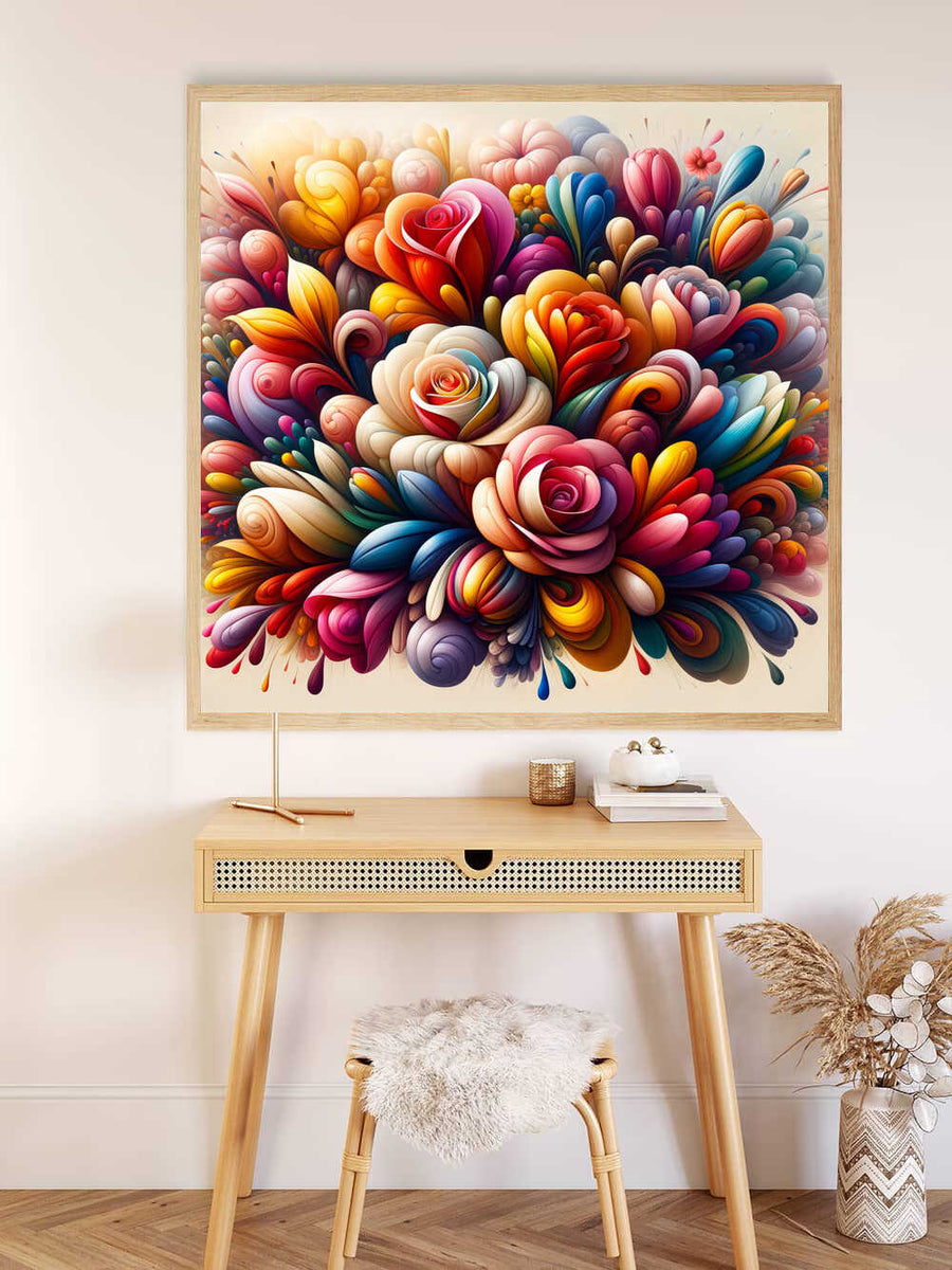 Malen nach Zahlen - Farbenrausch der Gefühle Blumenwelt, buntes florales Kunstwerk über Holzschreibtisch mit Hocker und Dekor.
