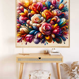 Malen nach Zahlen - Farbenrausch der Gefühle Blumenwelt, buntes florales Kunstwerk über Holzschreibtisch mit Hocker und Dekor.