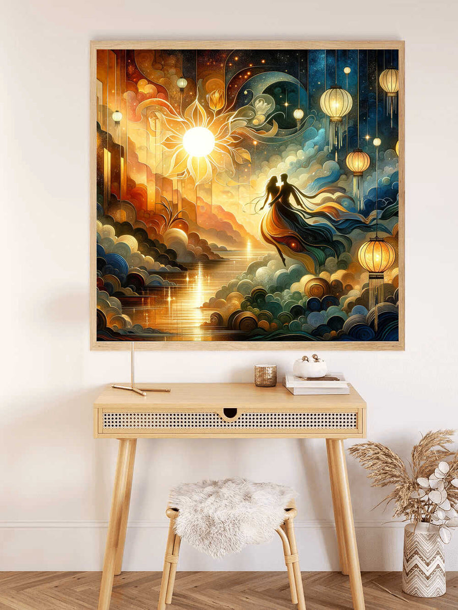 Malen nach Zahlen - Kosmische Eleganz painting on wall above a wooden desk with a chair, set in a stylish modern room.