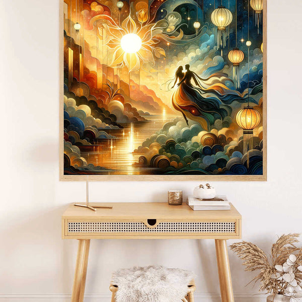 Malen nach Zahlen - Kosmische Eleganz painting on wall above a wooden desk with a chair, set in a stylish modern room.