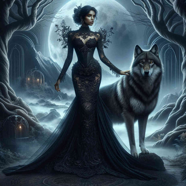 Malen nach Zahlen - Wolf mit Frau in schwarz