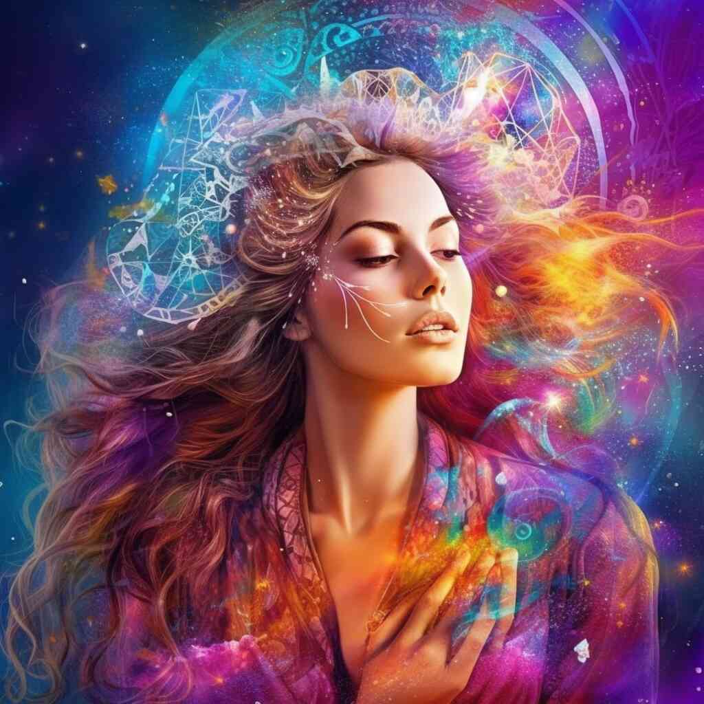 Woman with flowing colorful hair in a star-themed painting, surrounded by vibrant cosmic elements.