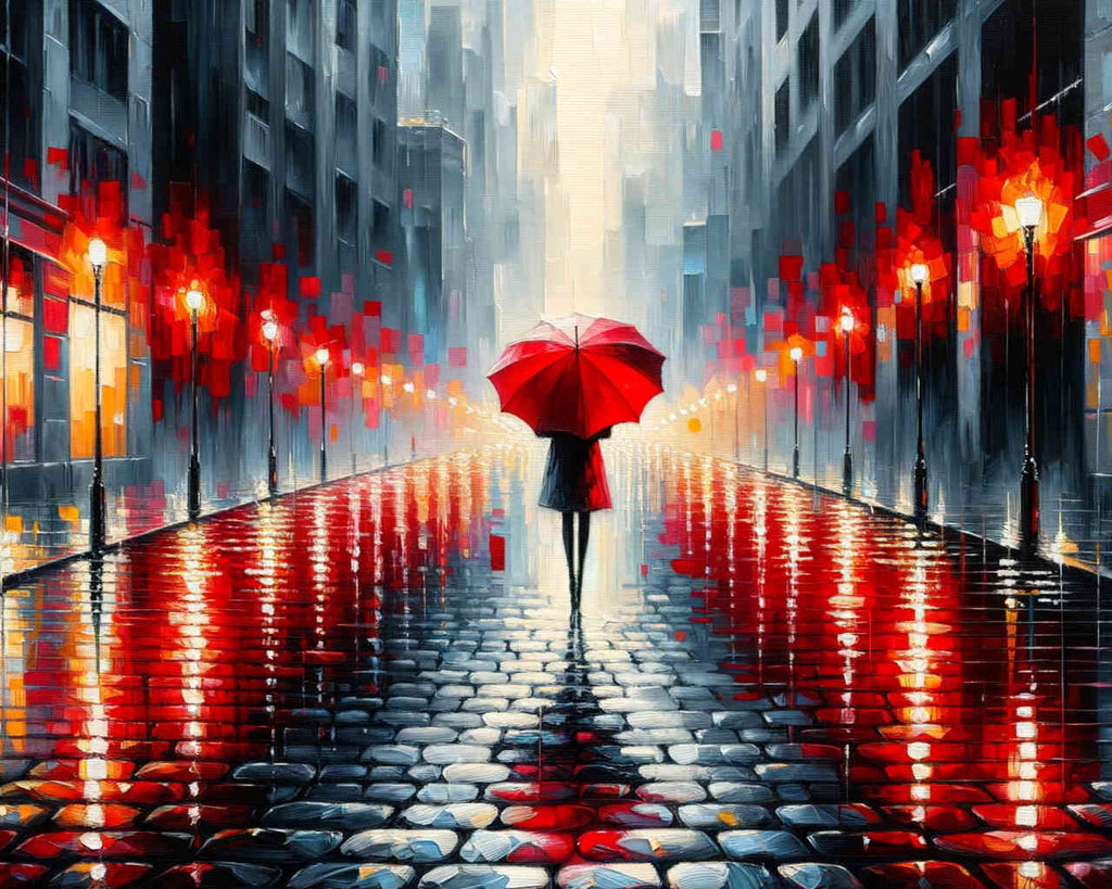 Stadt, roter Regenschirm – Malen nach Zahlen
