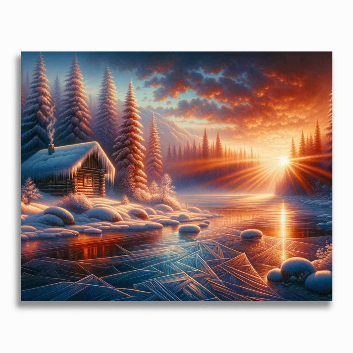 Haus im Winter, Abendrot - Malen nach Zahlen